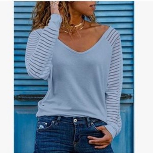 V Neck Striped Sheer Mesh Blouse - Picture 1 of 2